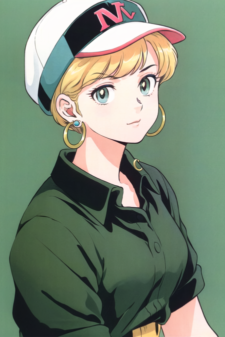 3978526002-2071260453-takahashi rumiko,  masterpiece, best quality, 1girl, aqua eyes, baseball cap, blonde hair, closed mouth, earrings, green backgro.png